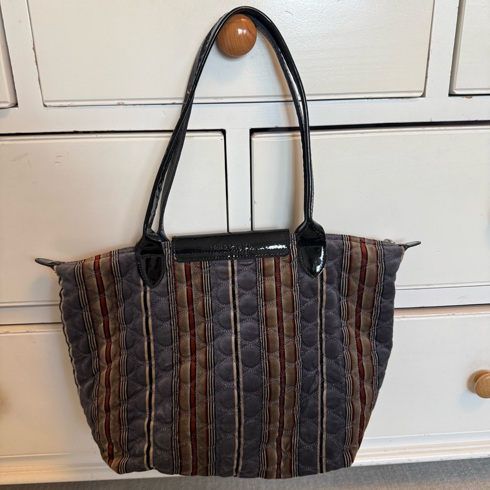 Longchamp Quilted Stripe Tote in Brown and Black Patent Trim - Picture 2 of 7